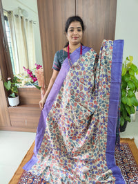 Cream with Violet Pure Handwoven Tussar Silk Saree without Zari Border