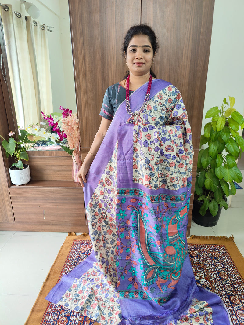 Cream with Violet Pure Handwoven Tussar Silk Saree without Zari Border