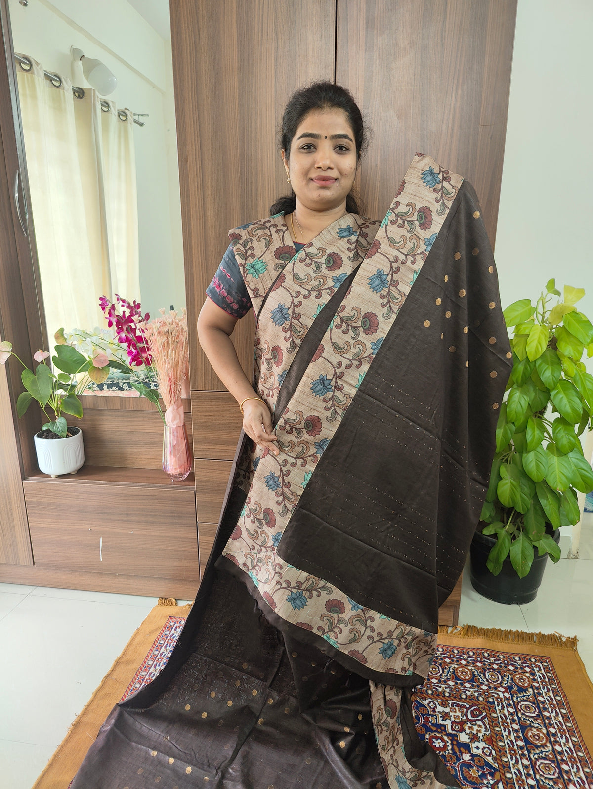 Semi Tussar Kalamkari Patch Work Border with Matching Blouse  -  Brown