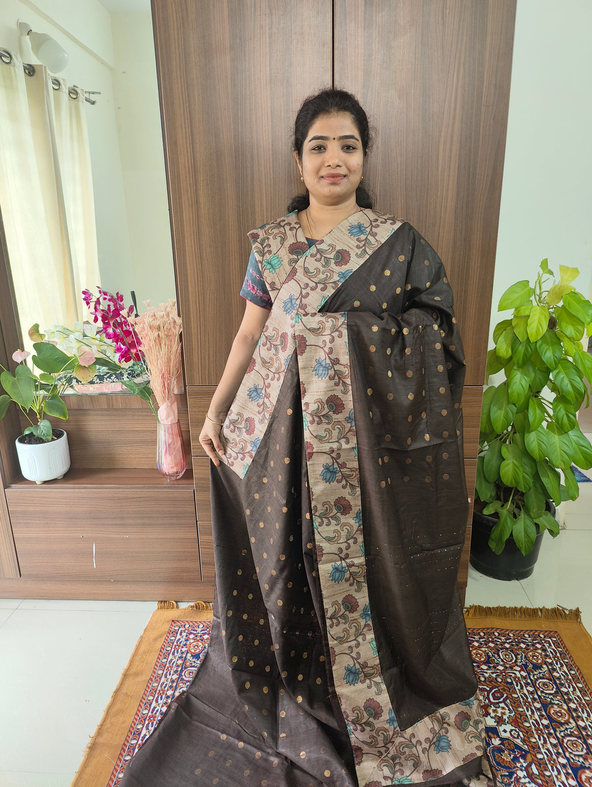 Semi Tussar Kalamkari Patch Work Border with Matching Blouse  -  Brown