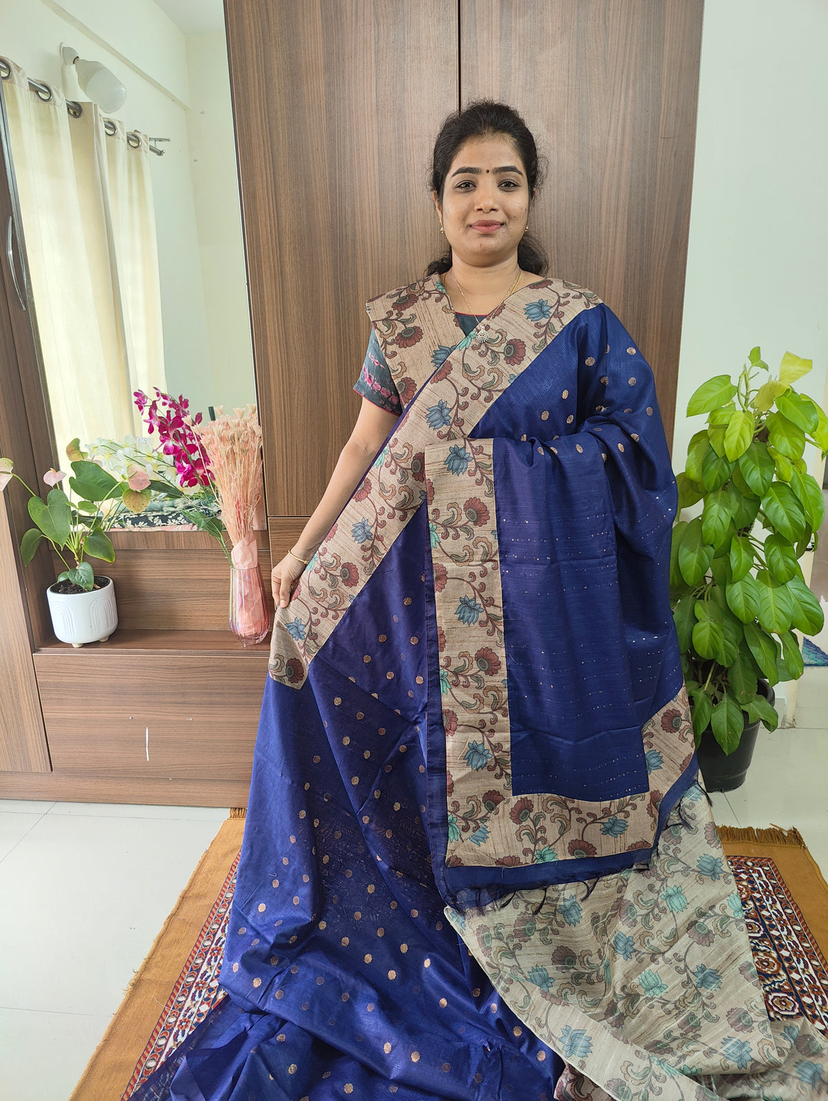 Semi Tussar Kalamkari Patch Work Border with Matching Blouse  -  Blue