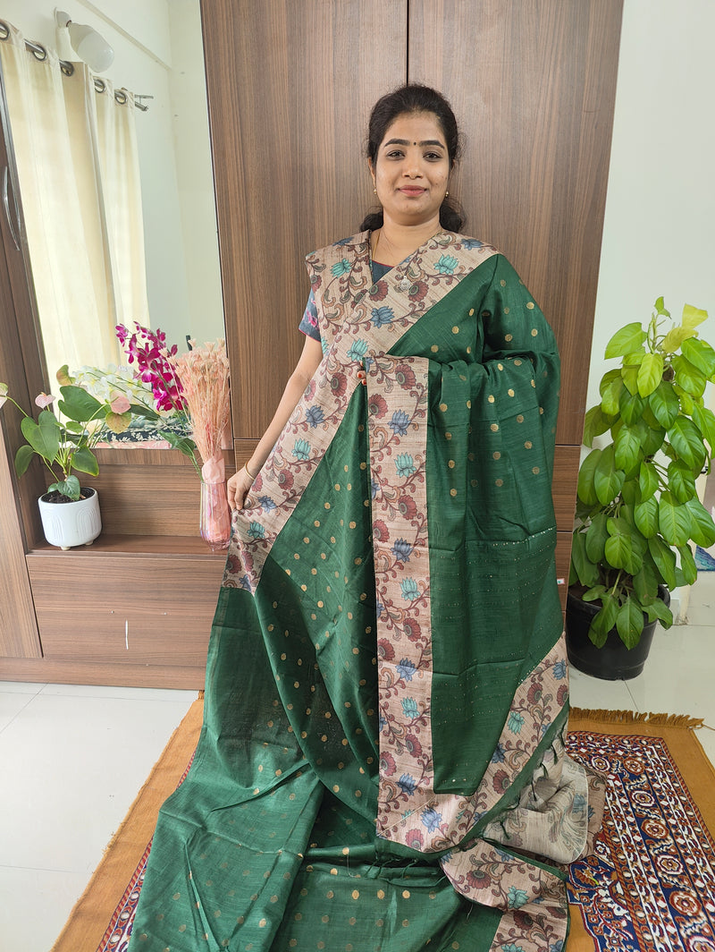 Semi Tussar Kalamkari Patch Work Border with Matching Blouse  -  Bottle Green