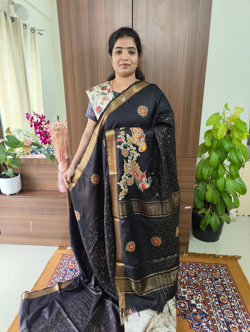 Semi Tussar with Applique Work & Extra Kalamkari Matching Blouse  - Black