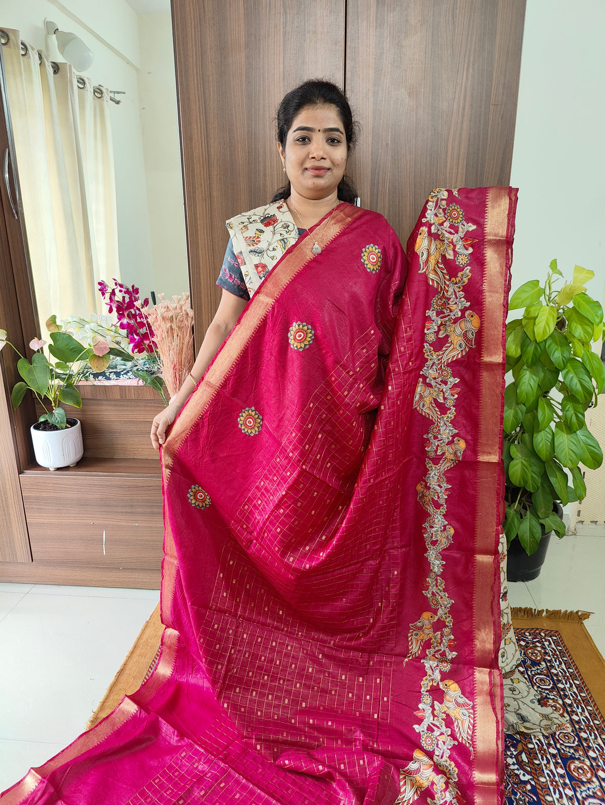 Semi Tussar with Applique Work & Extra Kalamkari Matching Blouse  - Pink