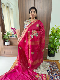 Semi Tussar with Applique Work & Extra Kalamkari Matching Blouse  - Pink