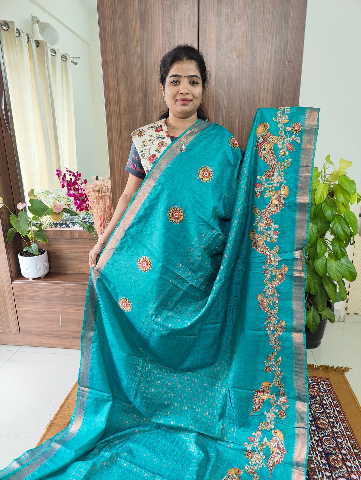 Semi Tussar with Applique Work & Extra Kalamkari Matching Blouse  - Blue