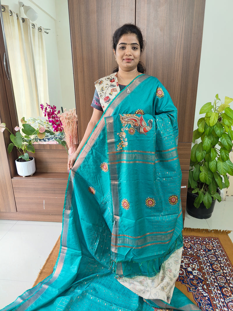 Semi Tussar with Applique Work & Extra Kalamkari Matching Blouse  - Blue