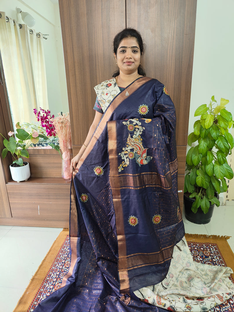 Semi Tussar with Applique Work & Extra Kalamkari Matching Blouse  - Navy Blue