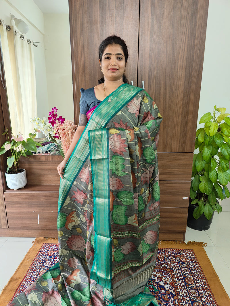 Semi Gadwal Silk Saree with Kalamkari Print - Grey with Peacock Green