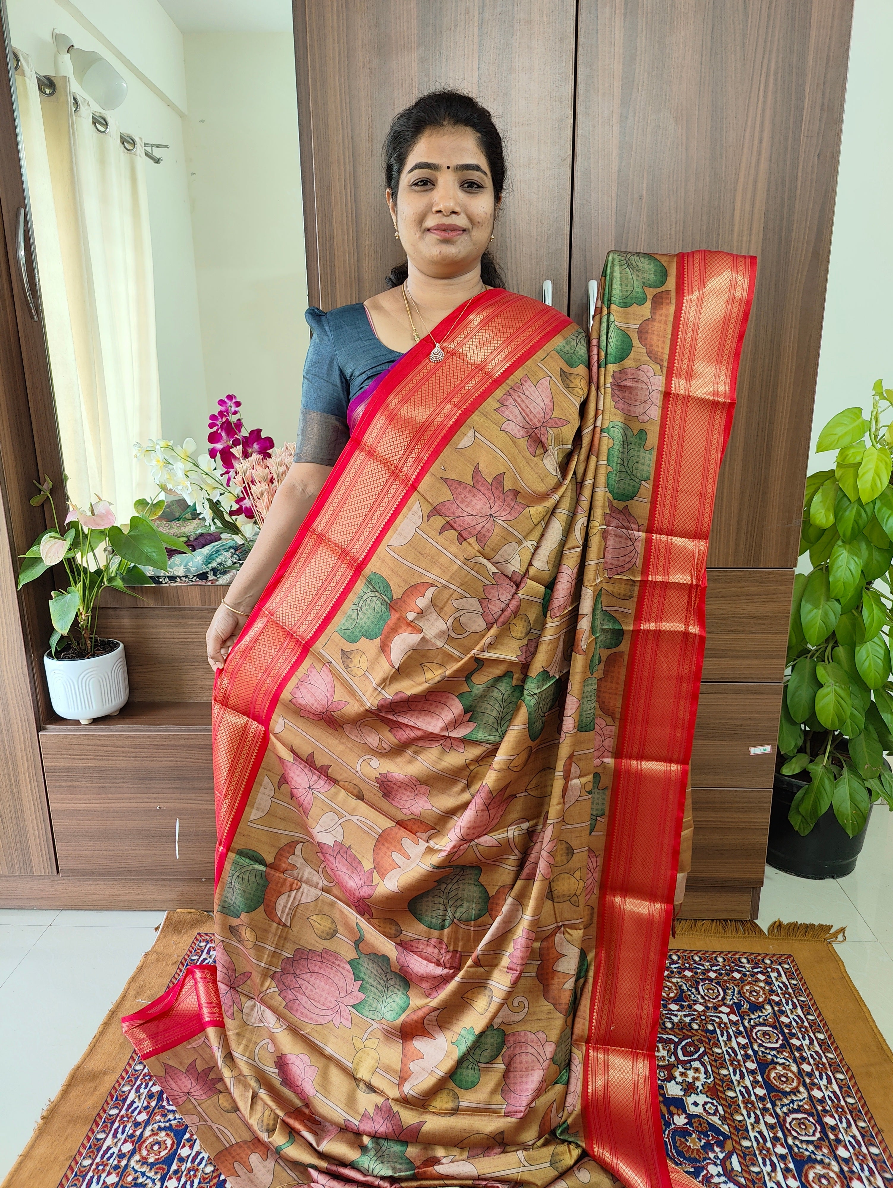 LIGHT SKY BLUE and NAVY BLUE KALAMKARI PRINT SILK Saree with FANCY