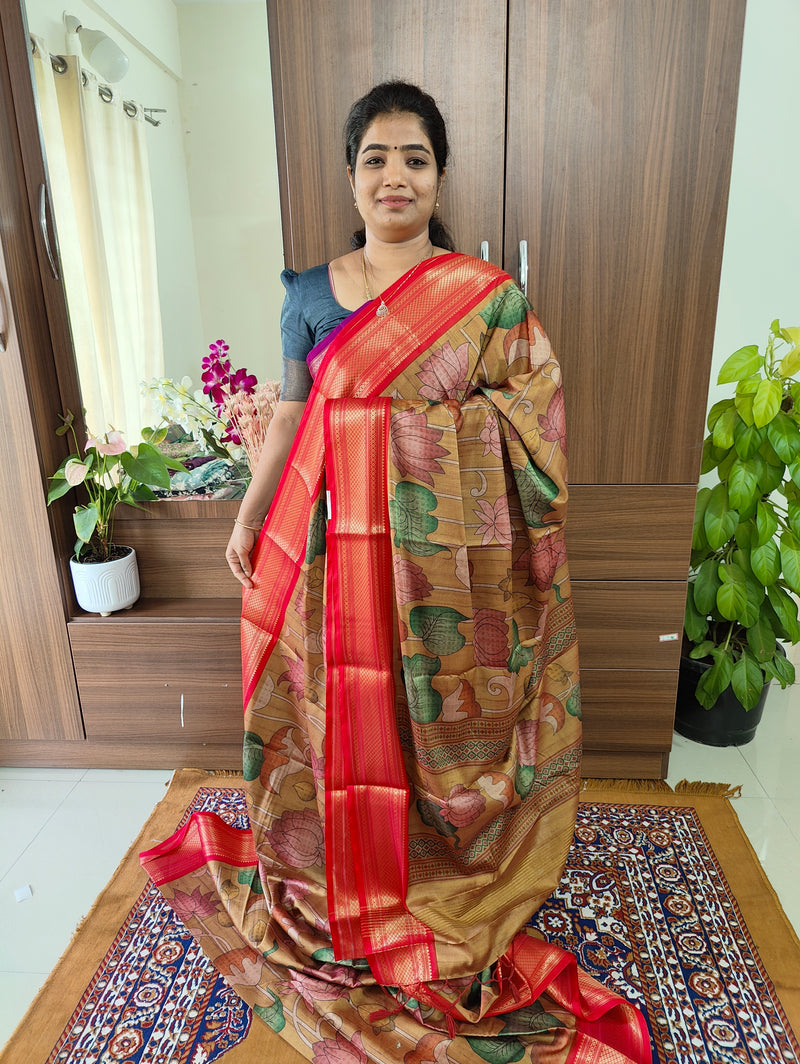 Semi Gadwal Silk Saree with Kalamkari Print - Mustard Yellow with Red