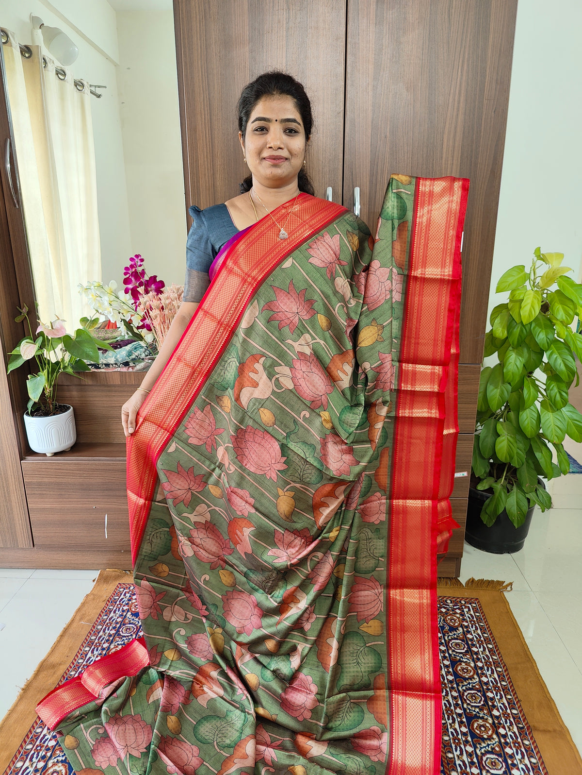 Semi Gadwal Silk Saree with Kalamkari Print - Green with Red