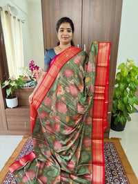 Semi Gadwal Silk Saree with Kalamkari Print - Green with Red