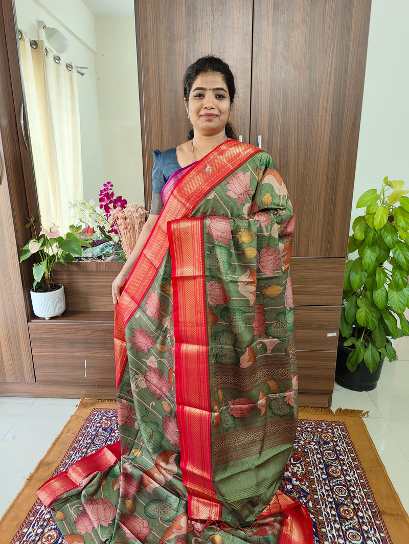 Semi Gadwal Silk Saree with Kalamkari Print - Green with Red