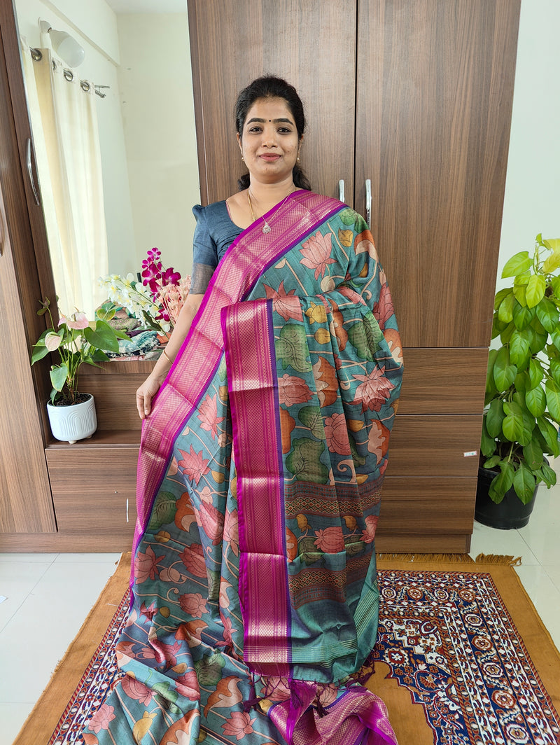 Semi Gadwal Silk Saree with Kalamkari Print - Blue with Purple