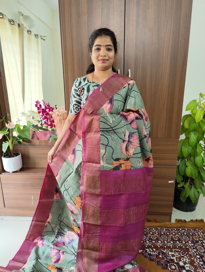 Olive Green with Purple Floral Print Pure Handwoven Tussar Silk Saree with Zari Border