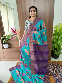 Blue with Violet Floral Print Pure Handwoven Tussar Silk Saree with Zari Border