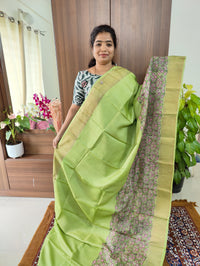 Parrot Green Floral Print Pure Handwoven Tussar Silk Saree with Zari Border