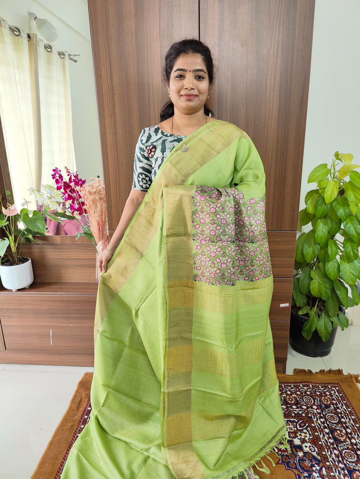 Parrot Green Floral Print Pure Handwoven Tussar Silk Saree with Zari Border