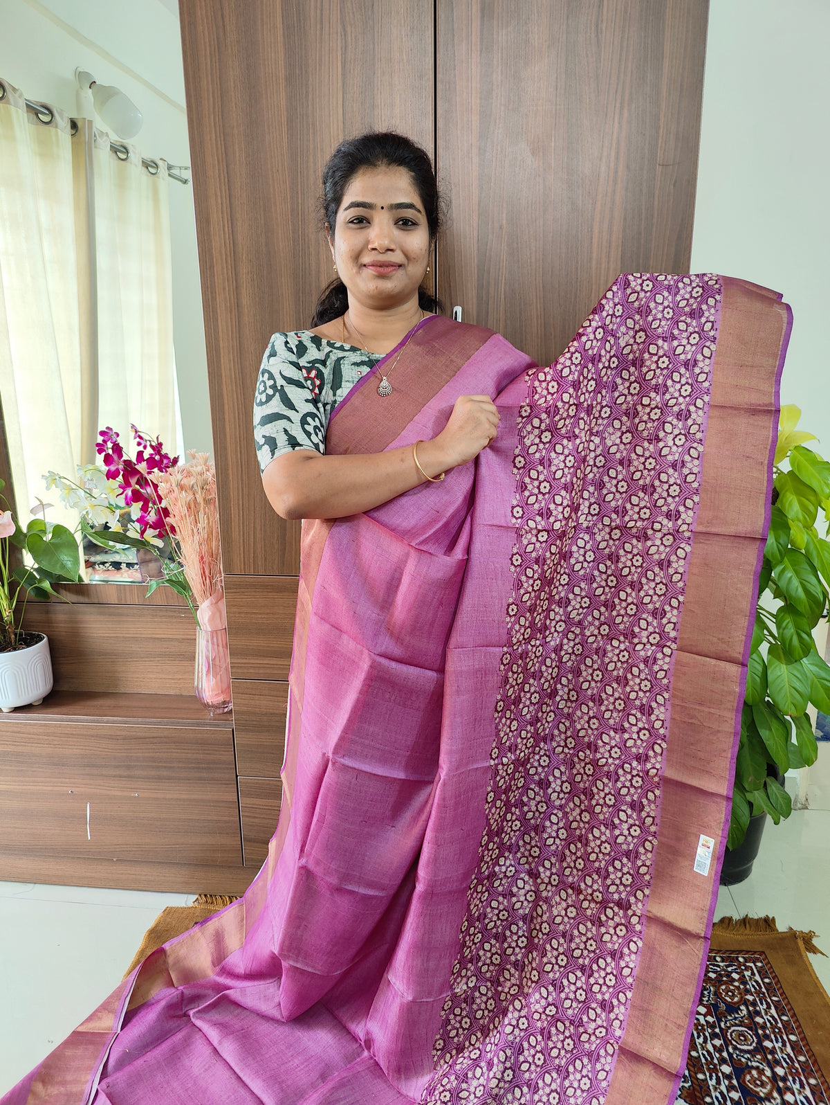 Purple Floral Print Pure Handwoven Tussar Silk Saree with Zari Border