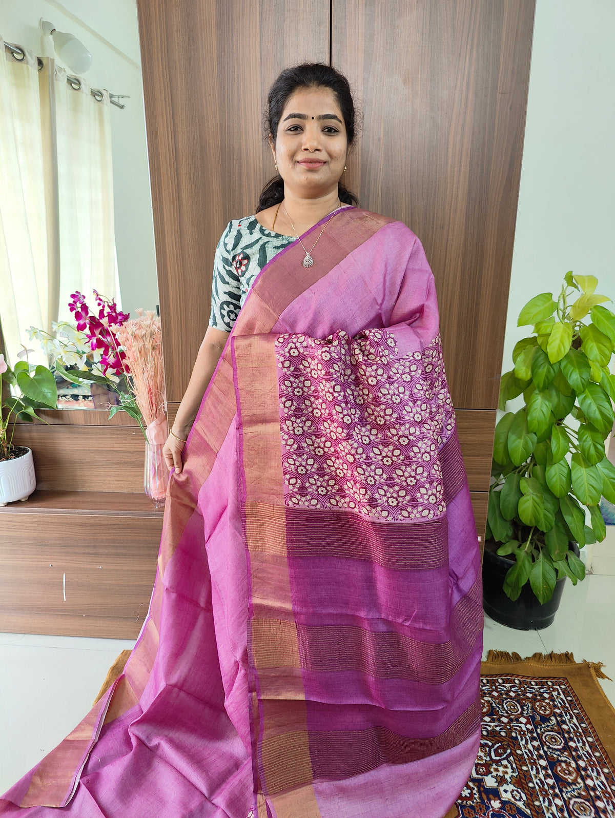 Purple Floral Print Pure Handwoven Tussar Silk Saree with Zari Border