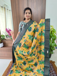 Yellow with Dark Green Floral Print Pure Handwoven Tussar Silk Saree with Zari Border