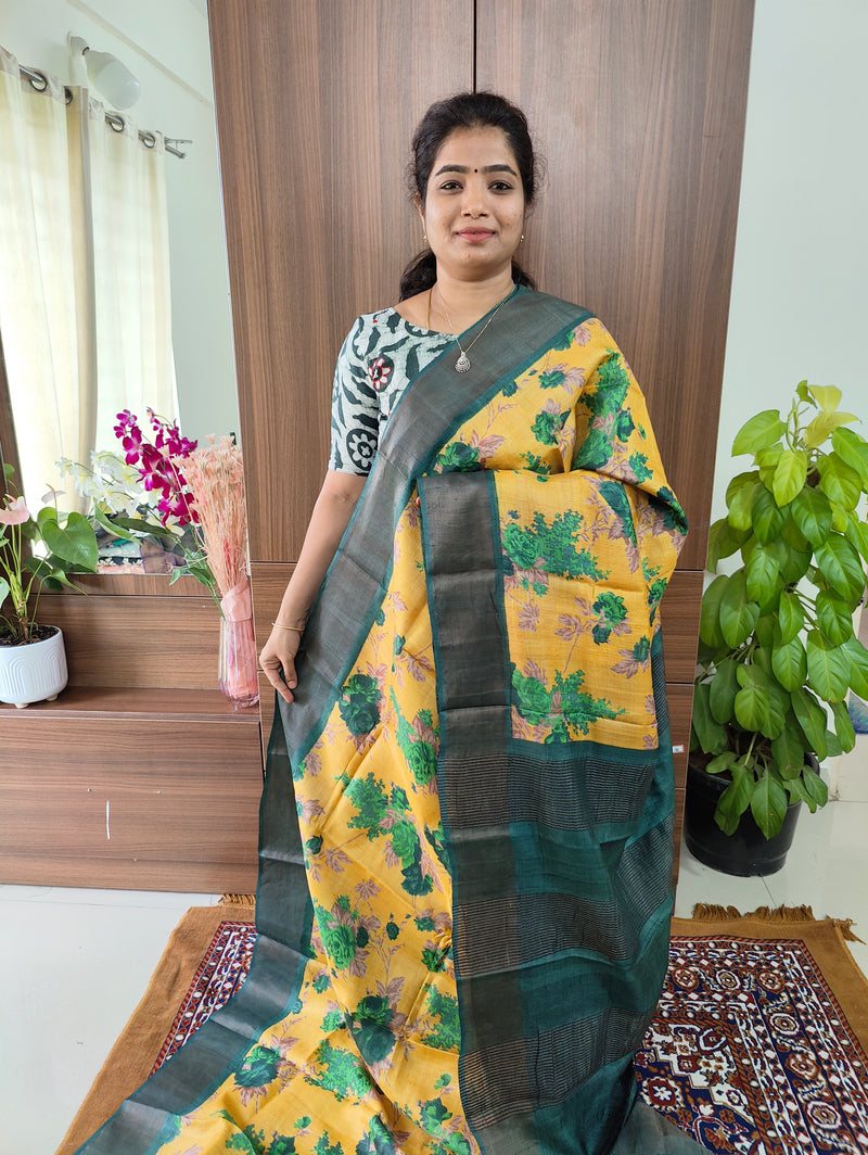 Yellow with Dark Green Floral Print Pure Handwoven Tussar Silk Saree with Zari Border