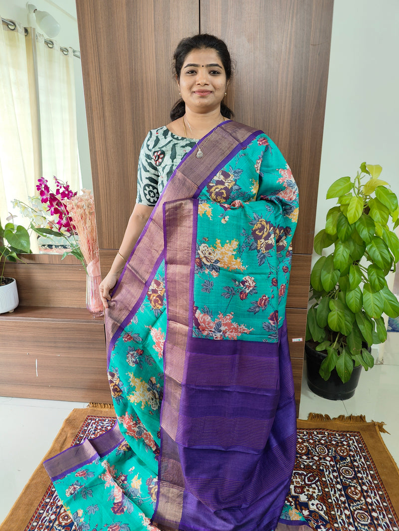 Sea Blue with Violet Print Pure Handwoven Tussar Silk Saree with Zari Border