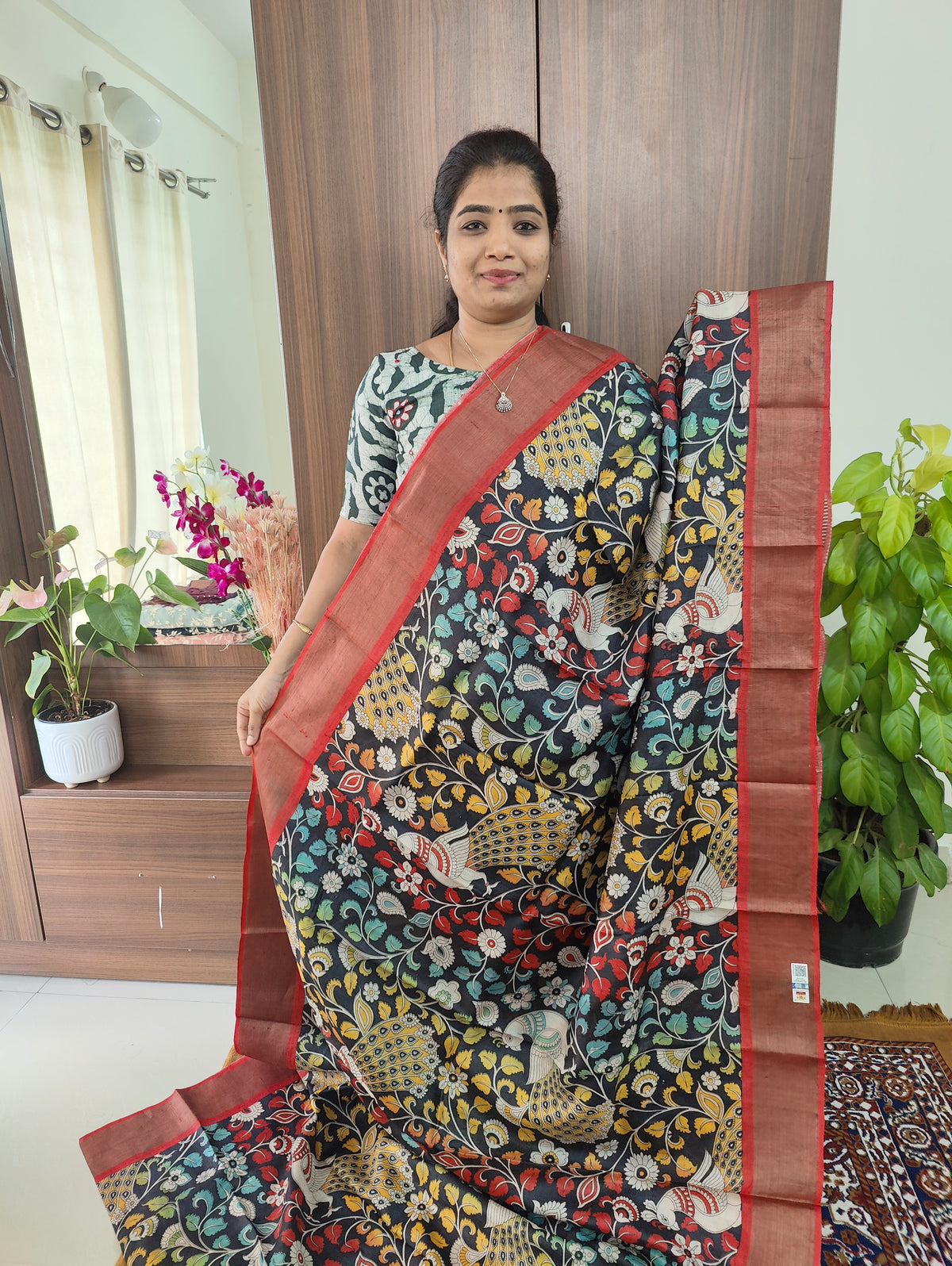 Black with Red Kalamkari & Peacock Print Pure Handwoven Tussar Silk Saree with Zari Border