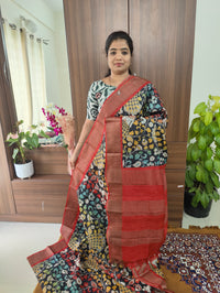 Black with Red Kalamkari & Peacock Print Pure Handwoven Tussar Silk Saree with Zari Border