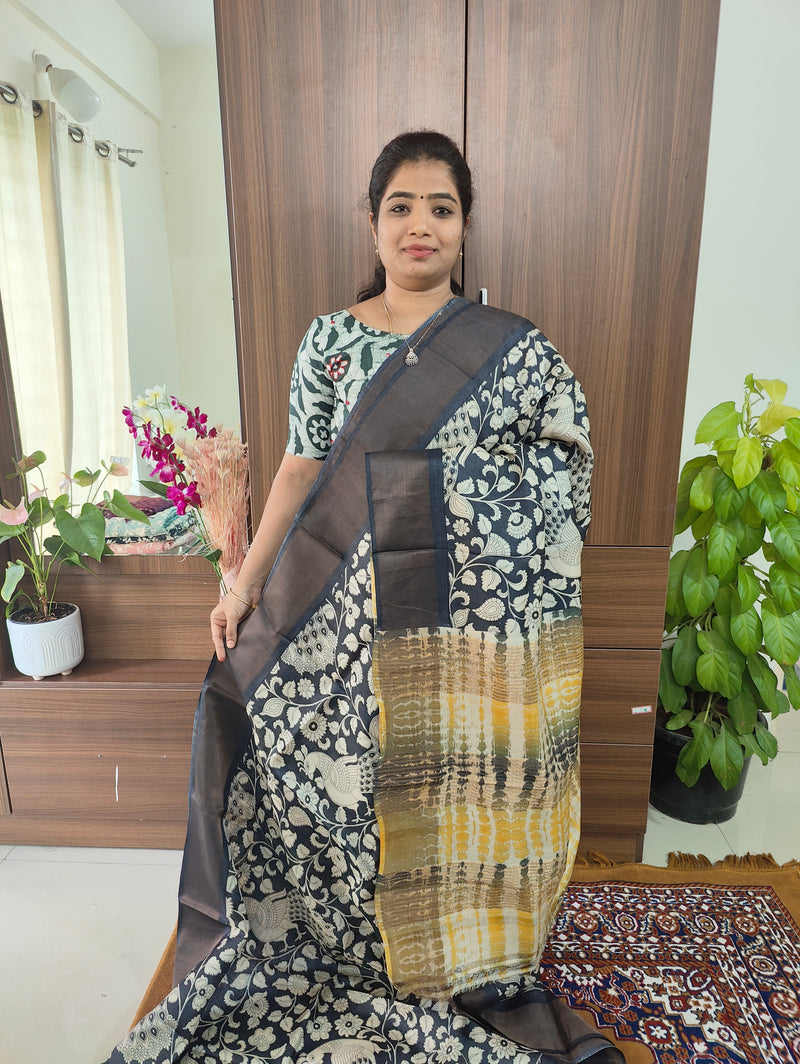 Grey with Yellow Shibori Pallu Pure Handwoven Tussar Silk Saree with Zari Border