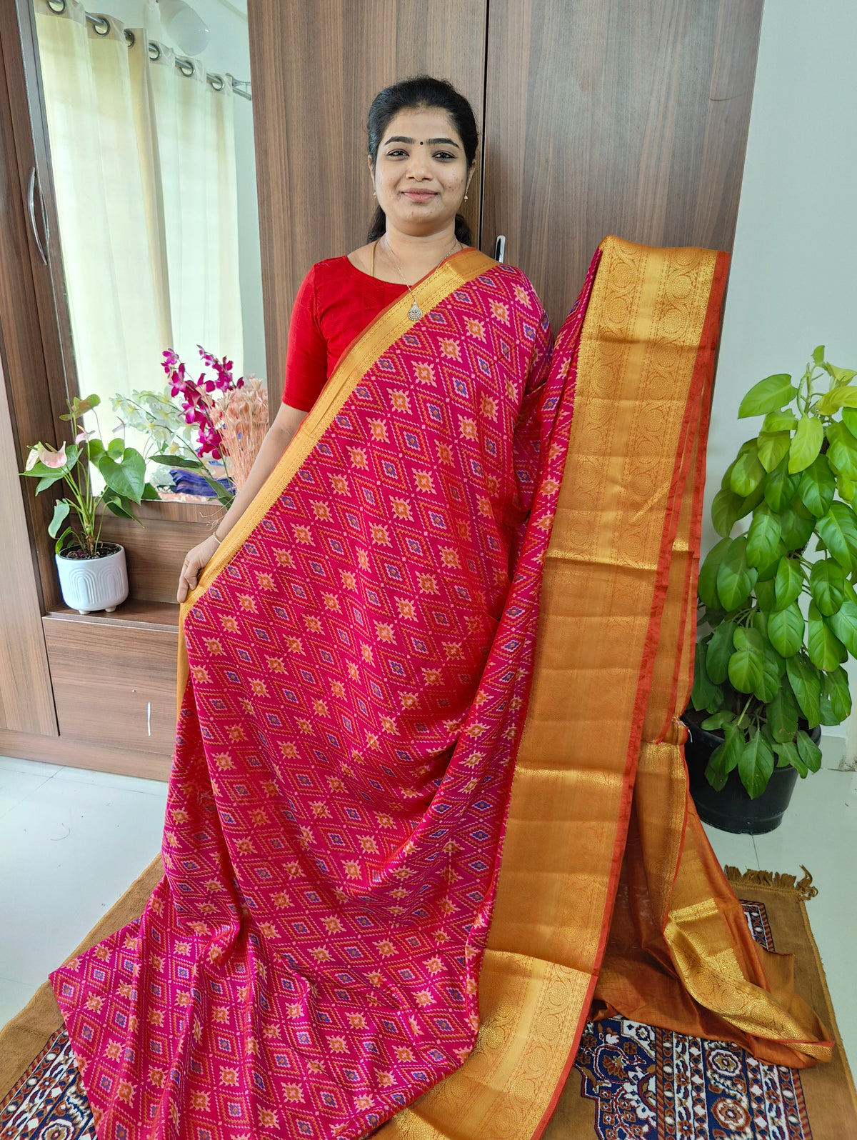 Soft Patola Sarees with Kanjivaram Border - Pink