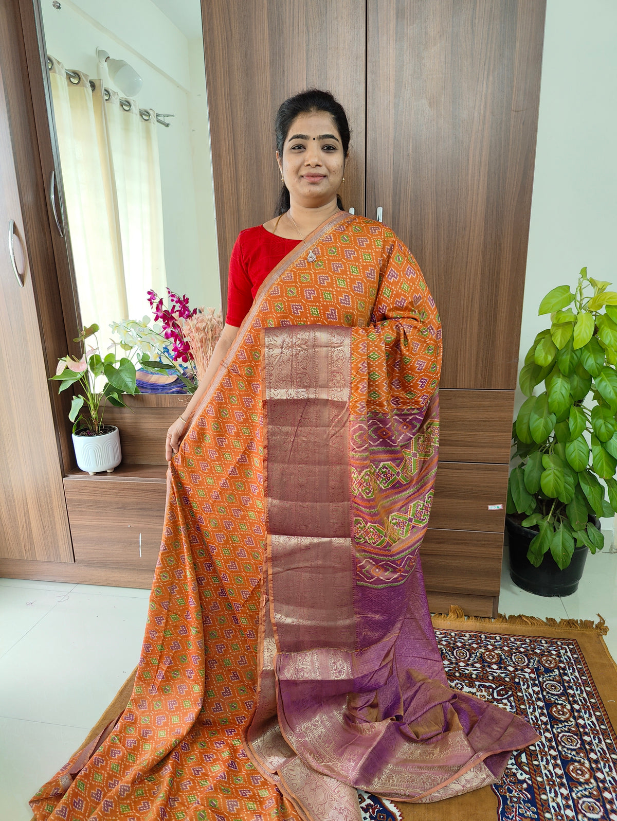 Soft Patola Sarees with Kanjivaram Border - Rust Orange