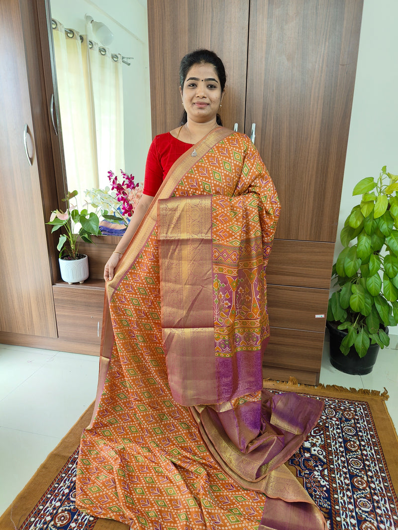 Soft Patola Sarees with Kanjivaram Border - Orange