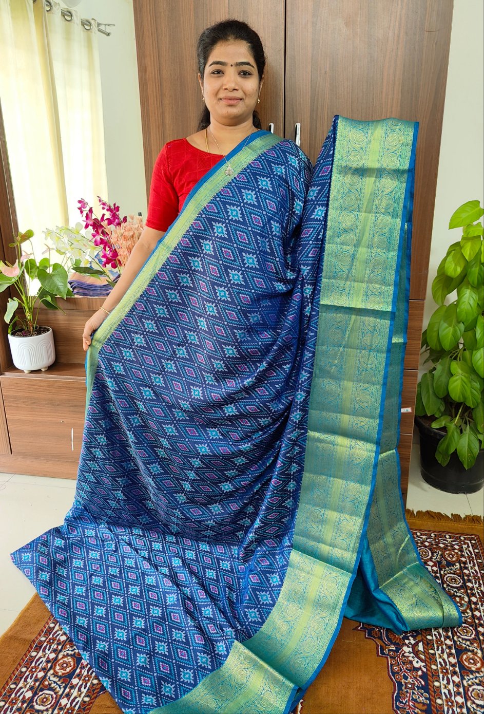 Soft Patola Sarees with Kanjivaram Border - Dark Blue