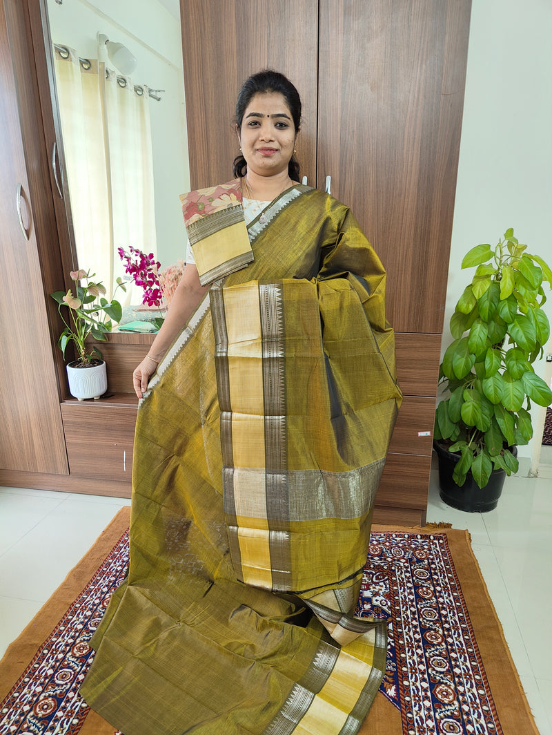 Handwoven Mangalagiri Pattu Saree with Mix and Match Tussar Blouse - Mehndi Green