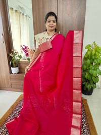 Handwoven Mangalagiri Pattu Saree with Mix and Match Noil Blouse - Rani Pink