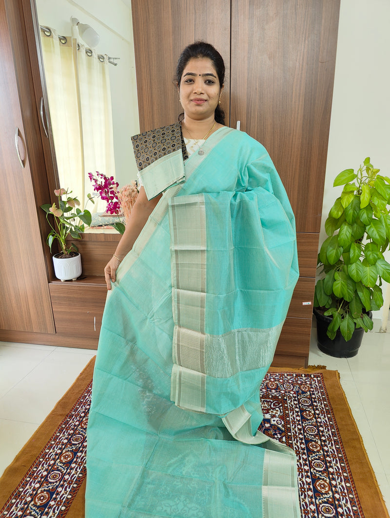 Handwoven Mangalagiri Pattu Saree with Mix and Match Tussar Blouse- Pastel Sea Green