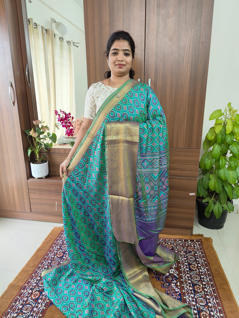 Soft Patola Saree with Kanjivaram Zari Woven Border - Dual Shade Green cum Blue