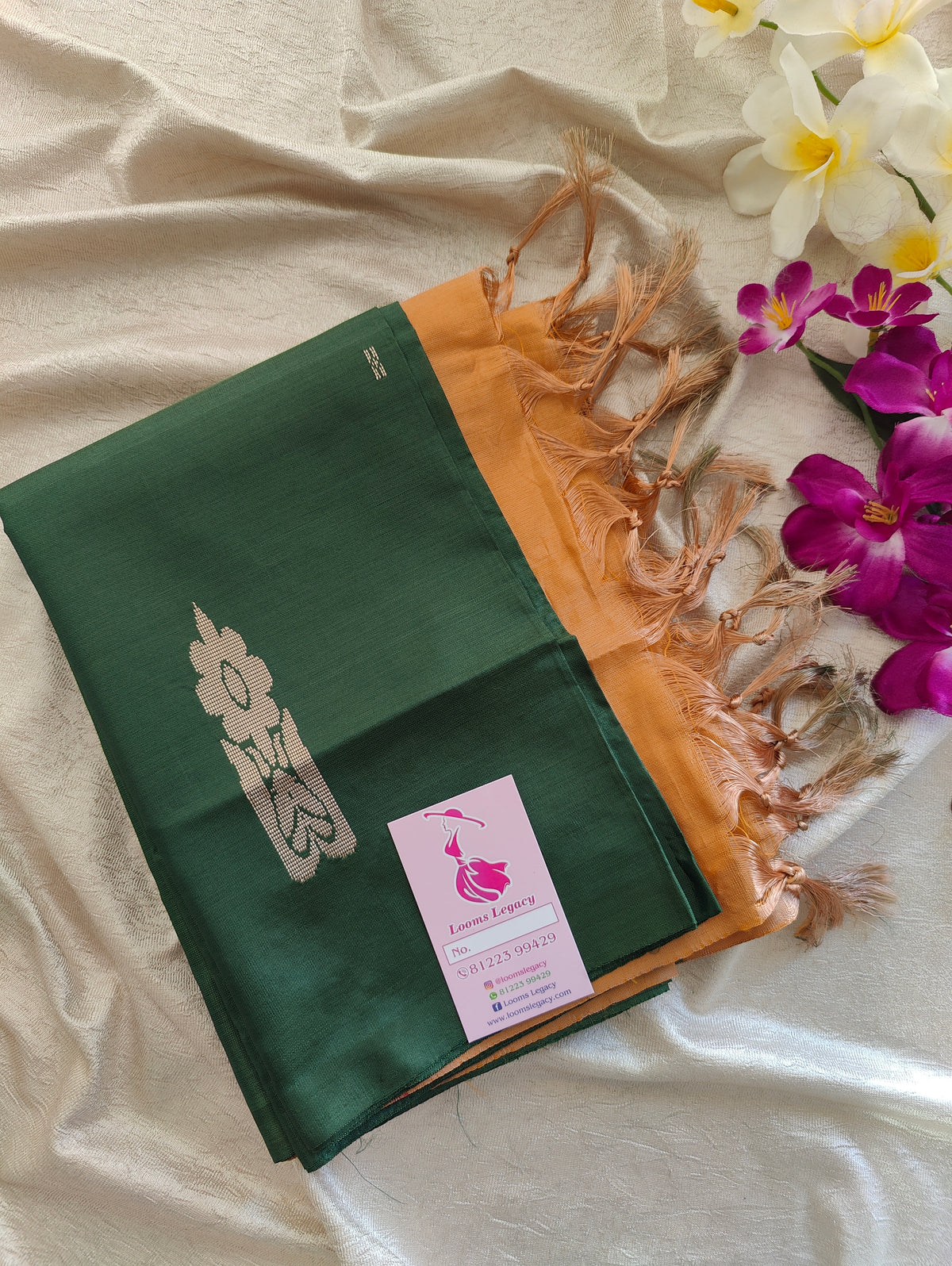 Bottle Green with Sandal Yellow Pallu Handwoven Chinnalampattu Saree