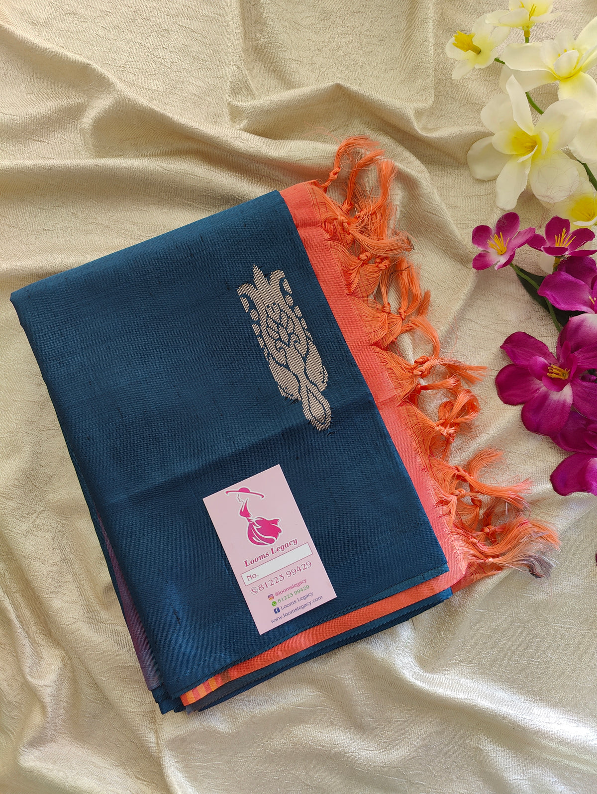 Peacock Blue with Peach  Pallu Handwoven Chinnalampattu Saree