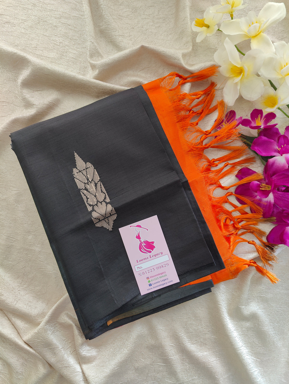 Black with Orange  Pallu Handwoven Chinnalampattu Saree