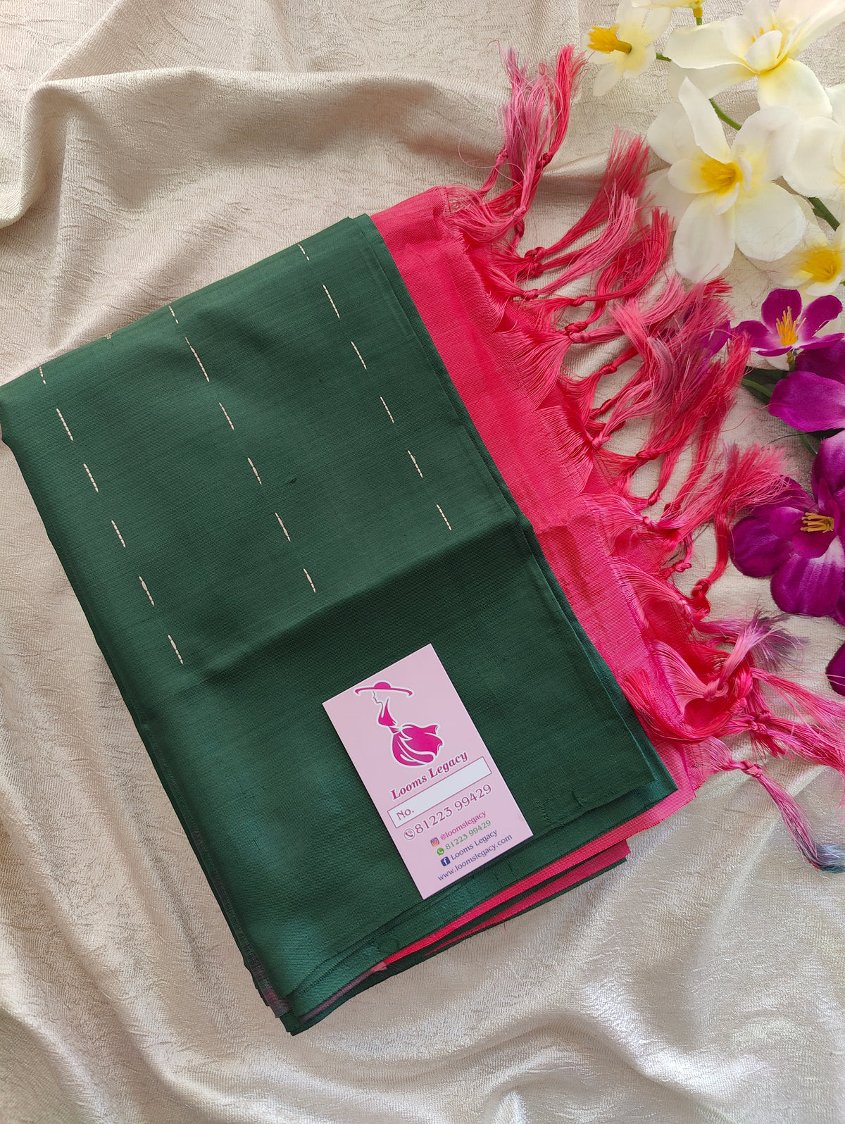 Bottle Green with Pink Pallu Handwoven Chinnalampattu Saree