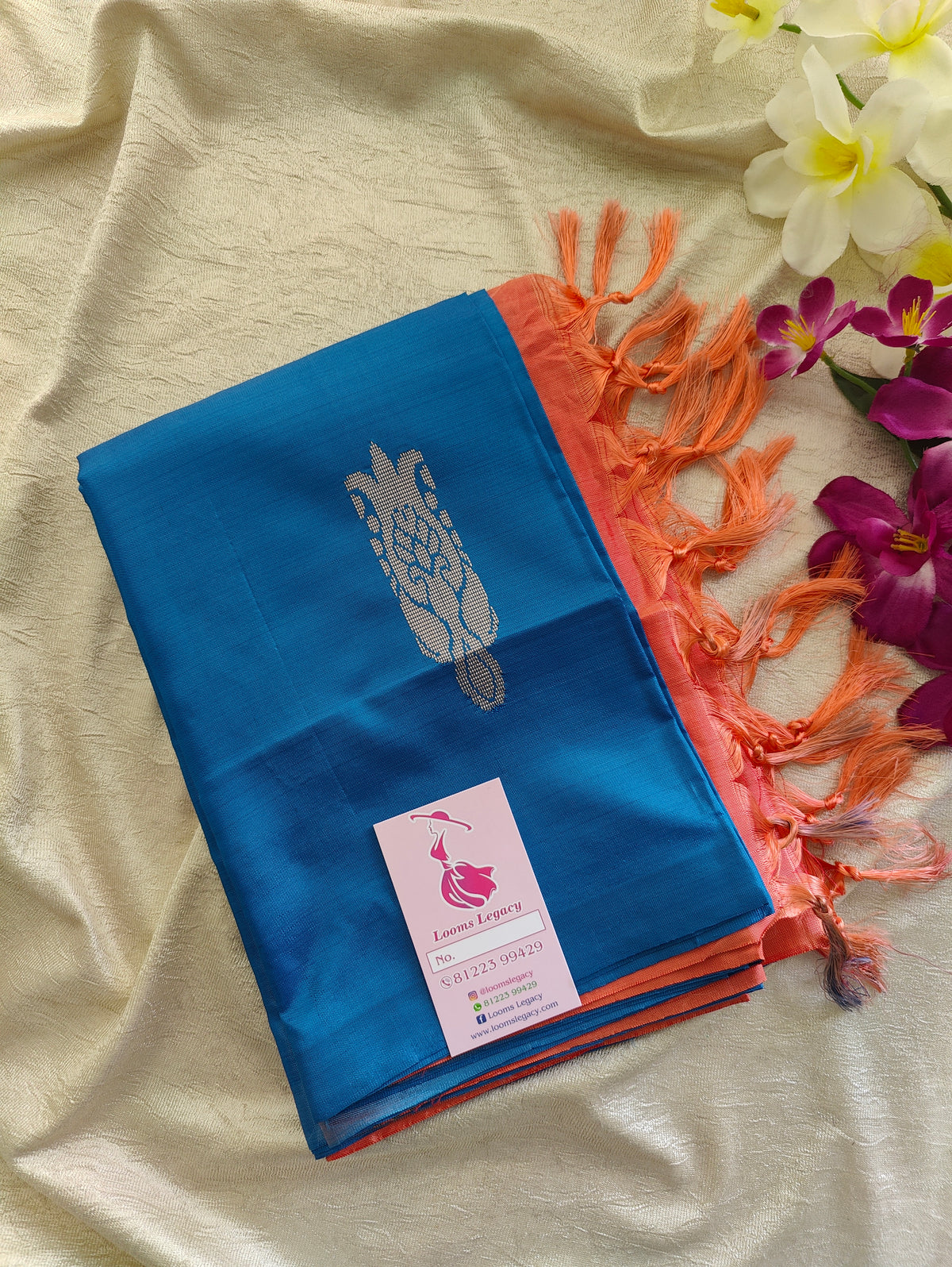 Blue with Peachish Pink Pallu Handwoven Chinnalampattu Saree