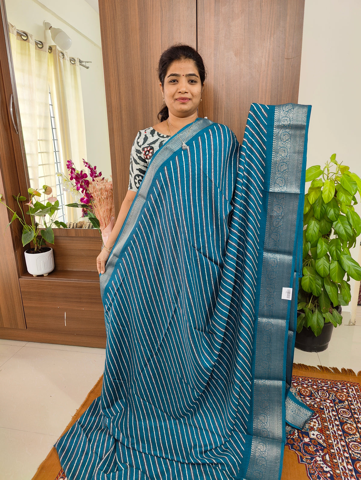 Semi Tussar Georgette with Zari Woven Saree Border - Peacock Blue