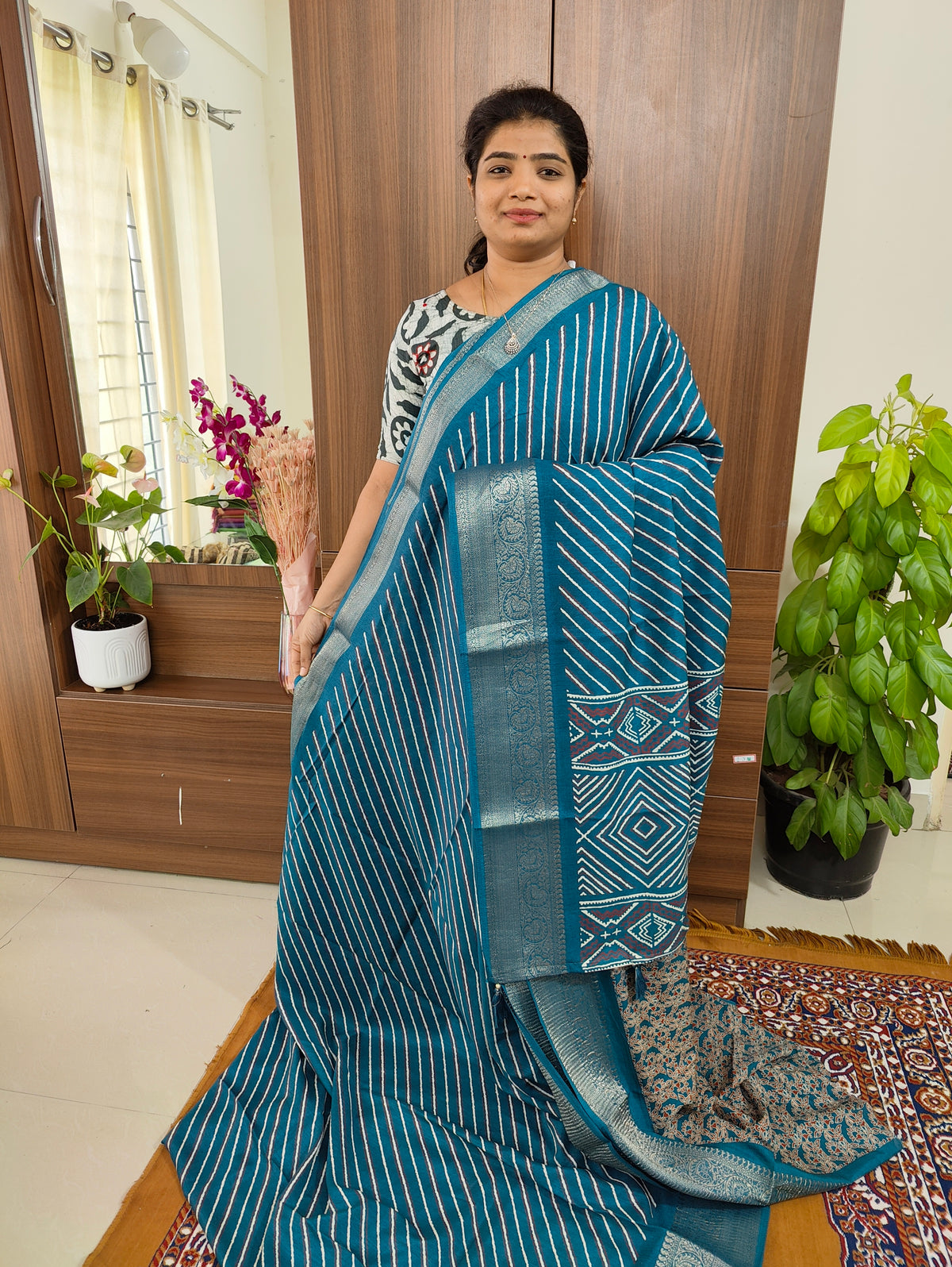 Semi Tussar Georgette with Zari Woven Saree Border - Peacock Blue