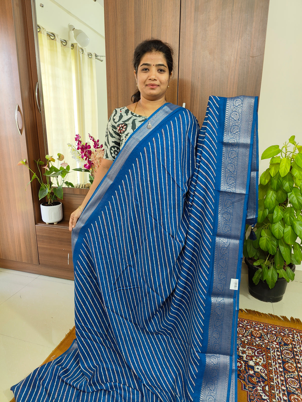 Semi Tussar Georgette with Zari Woven Saree Border - Peacock Blue