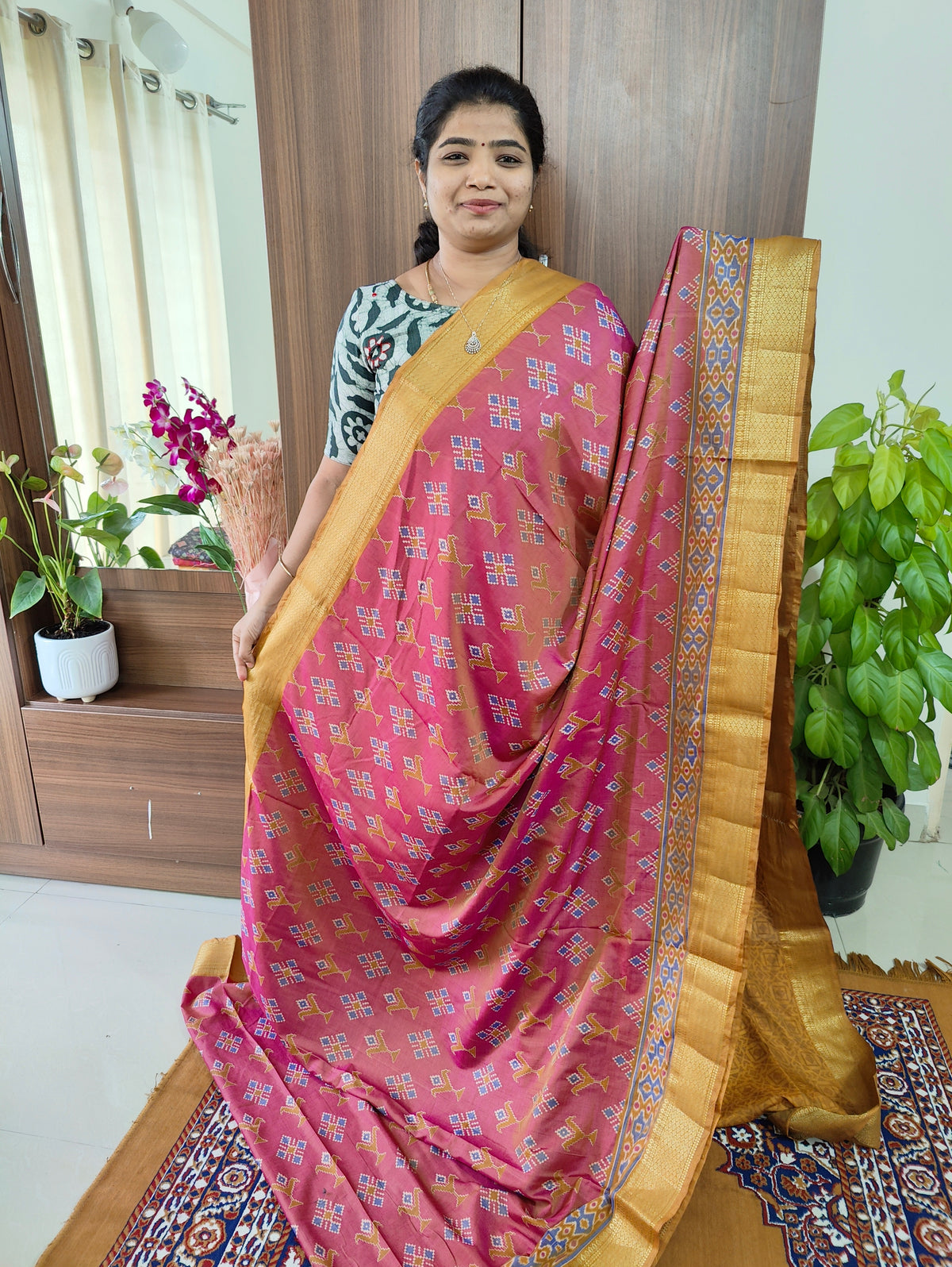 Soft Patola Saree with Zari Woven Border - Pastel Pink with Mustard Yellow