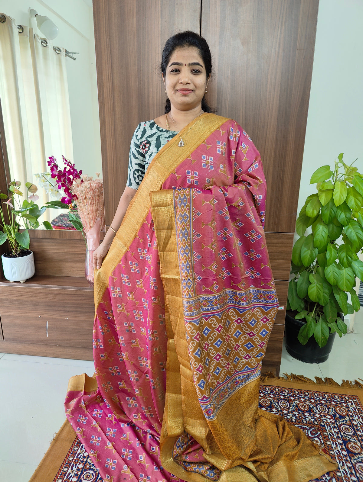 Soft Patola Saree with Zari Woven Border - Pastel Pink with Mustard Yellow