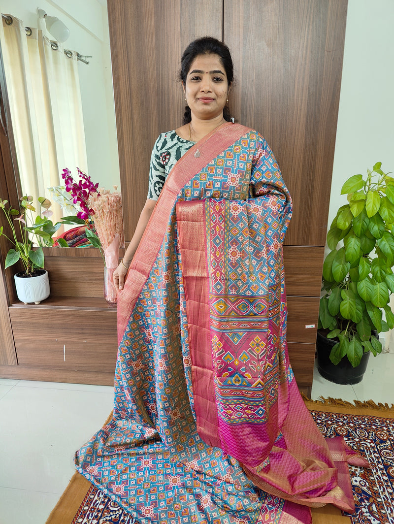 Soft Patola Saree with Zari Woven Border - Pastel Blue with Pink